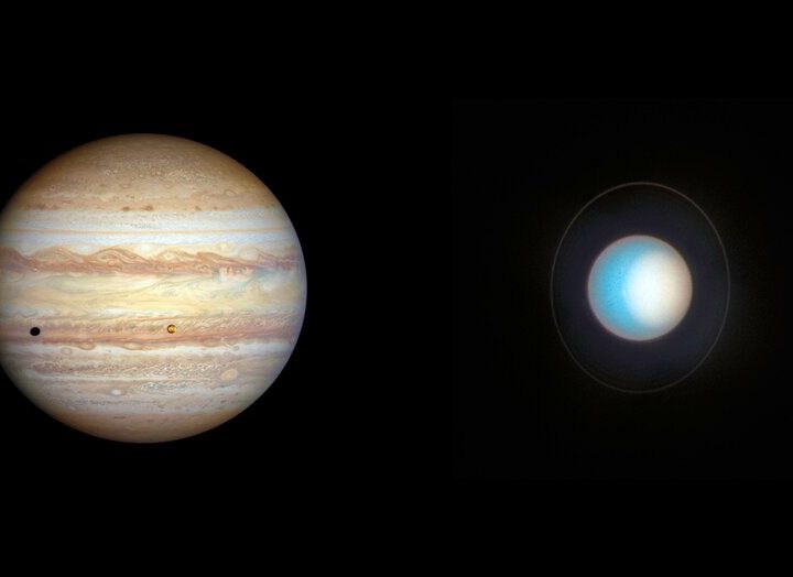 Jupiter and Uranus (not to scale).