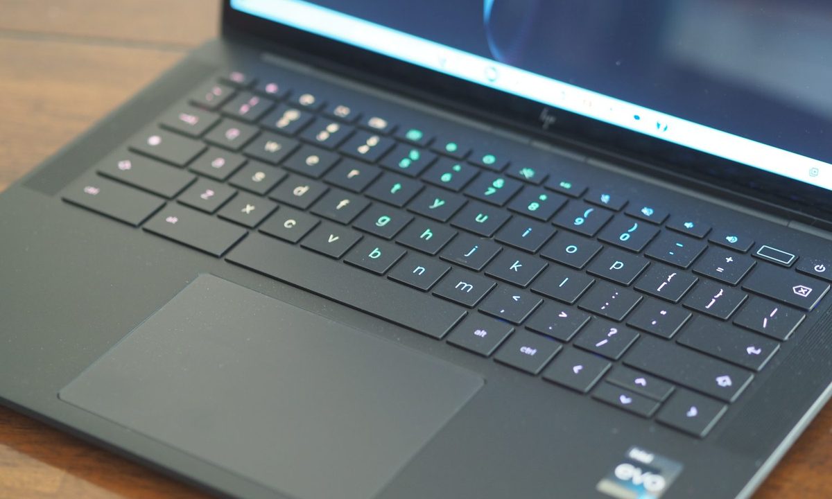 HP Dragonfly Pro Chromebook top down view showing keyboard and touchpad.