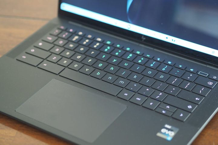 HP Dragonfly Pro Chromebook top down view showing keyboard and touchpad.