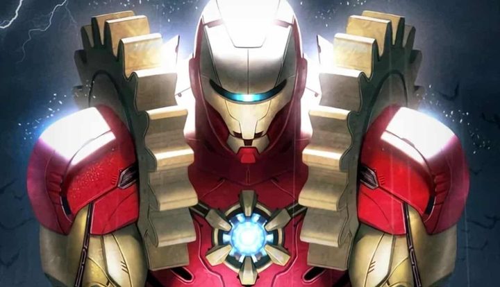 Iron Man 2020 poses in a marvel comic book.
