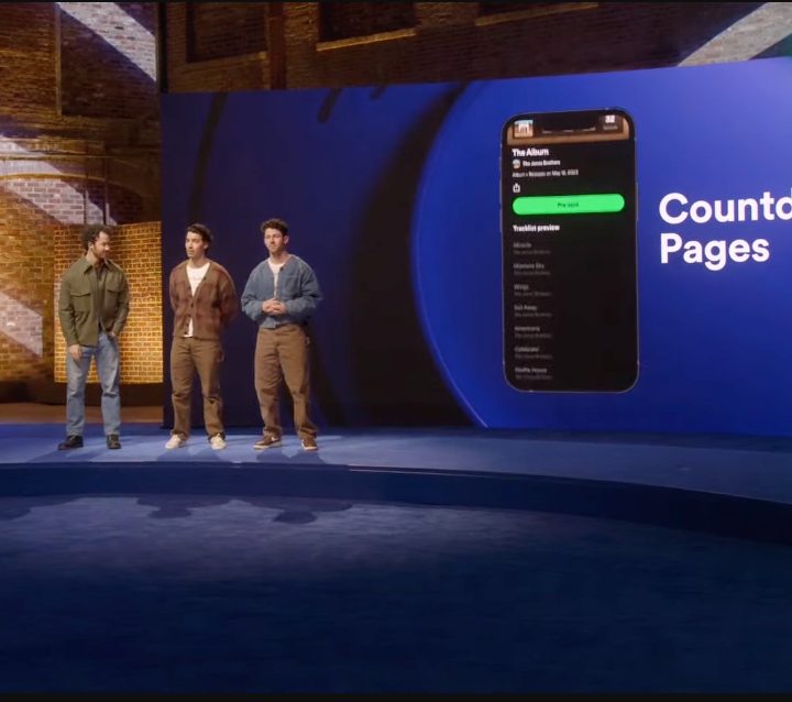 The Jonas Brothers announce a new Countdown Pages feature at the Spotify Stream On event.