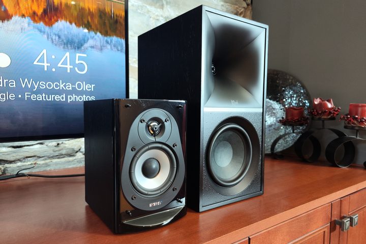 Klipsch The Sevens seen next to an Energy bookshelf speaker.