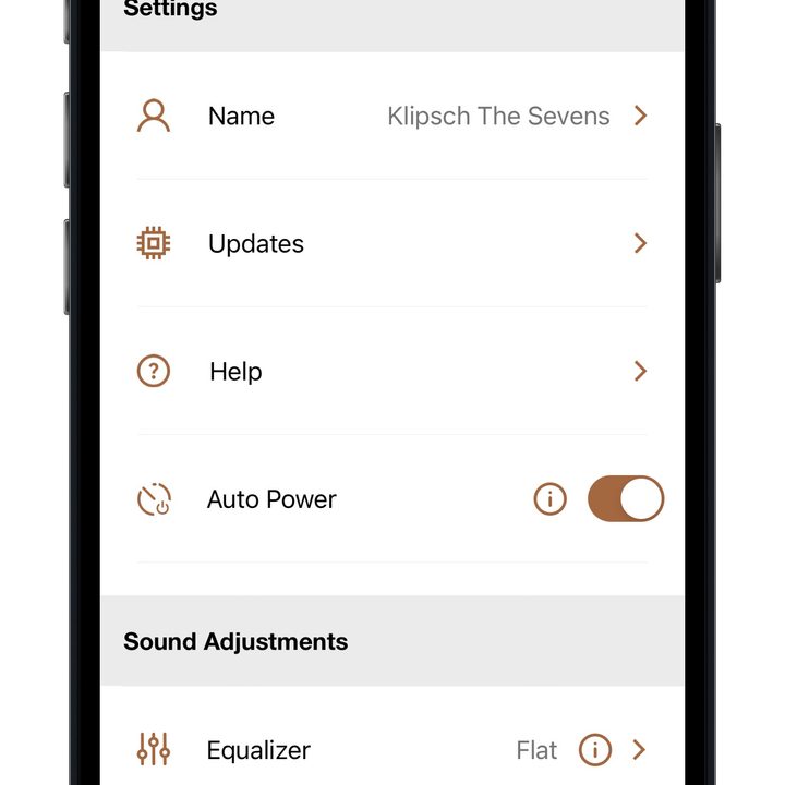 Klipsch Connect app speaker settings.
