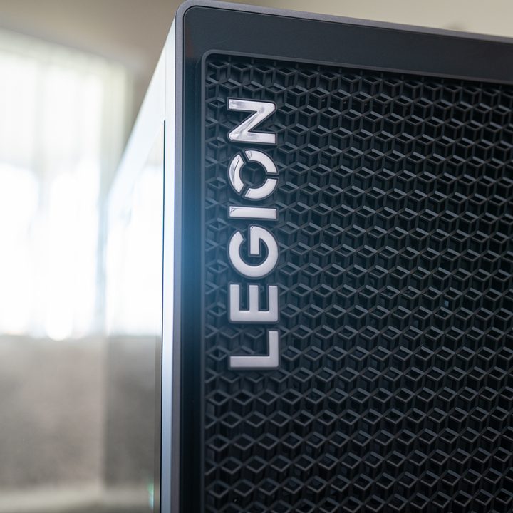 The Legion logo on the front of a desktop case.