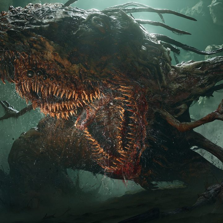A boss with a giant mouth grabs a player in Lords of the Fallen.