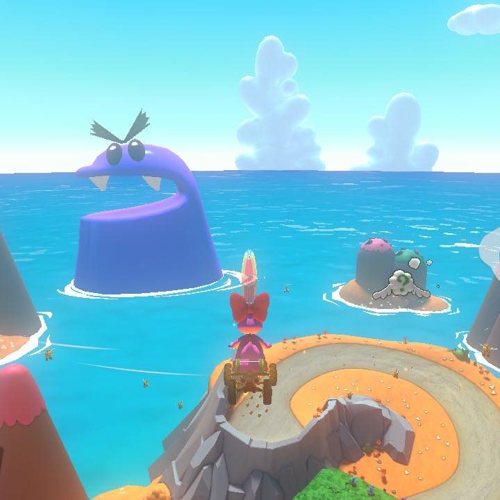 Birdo sails through the sky in Mario Kart 8 Deluxe's Yoshi's Island course.