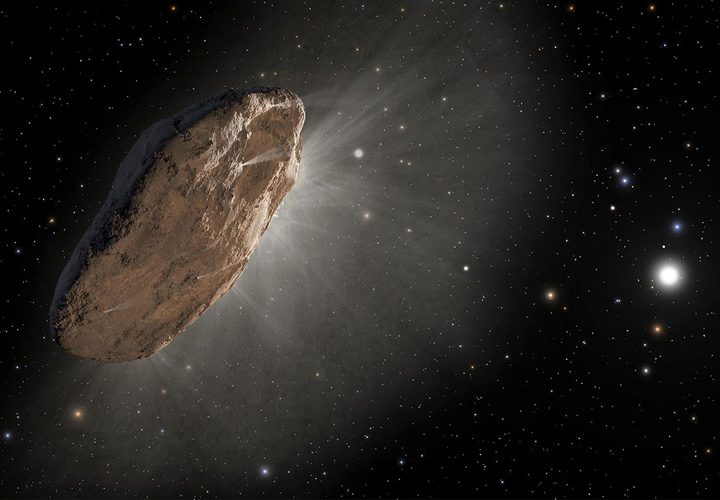An artist’s depiction of the interstellar comet ‘Oumuamua, as it warmed up in its approach to the sun and outgassed hydrogen (white mist), which slightly altered its orbit.