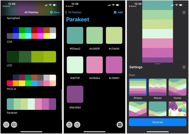 Screenshots of the Pastel app on iOS