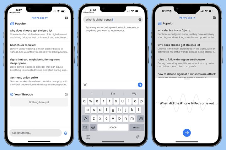 Screenshots of the Perplexity AI ChatGPT app running on an iPhone.