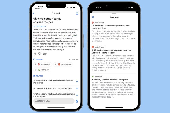 Screenshots of the Perplexity AI ChatGPT app running on an iPhone.