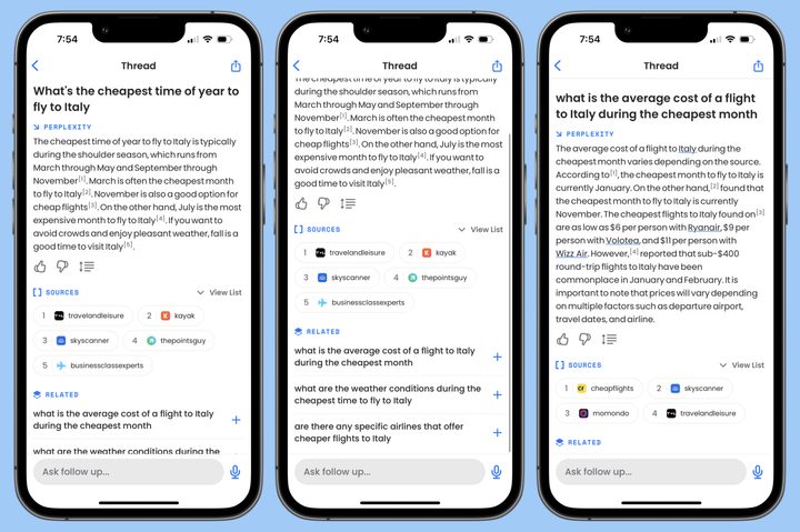 Screenshots of the Perplexity AI ChatGPT app running on an iPhone.