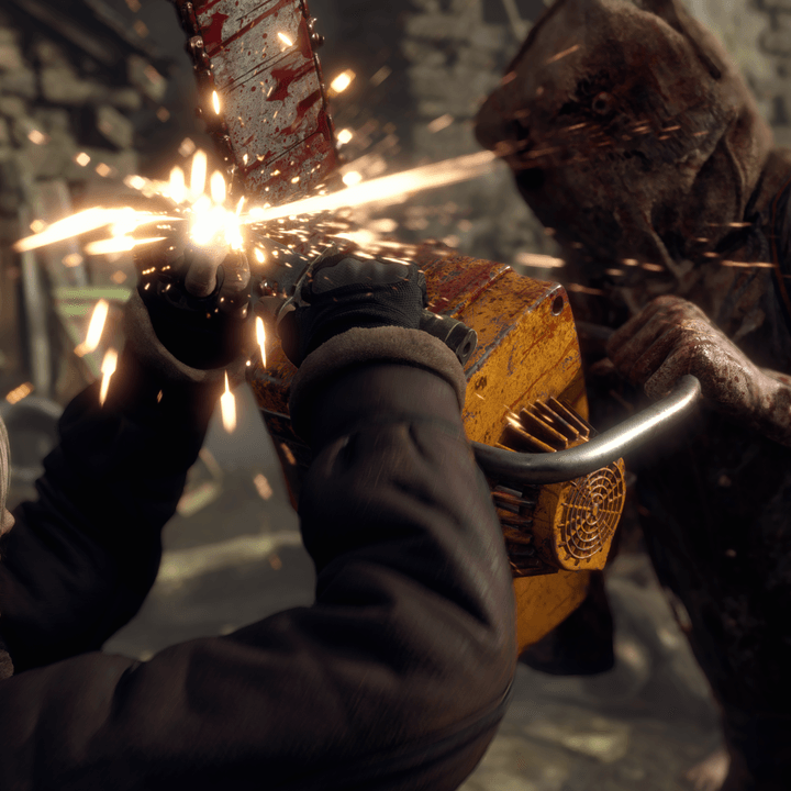 Leon parries a chainsaw villager in Resident Evil 4.
