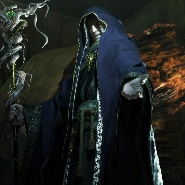 Saddler looms in front of amber in the Resident Evil 4 remake.