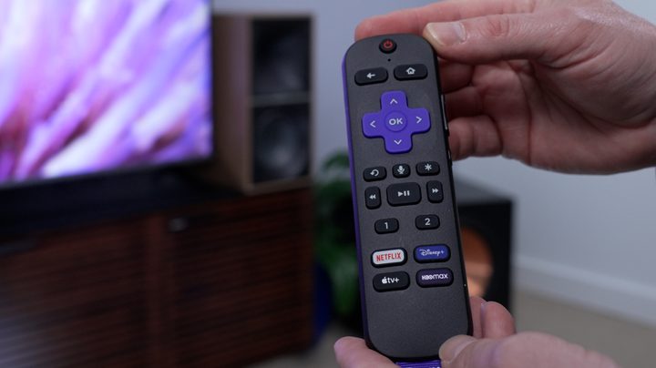 The remote control for a Roku Plus Series TV.