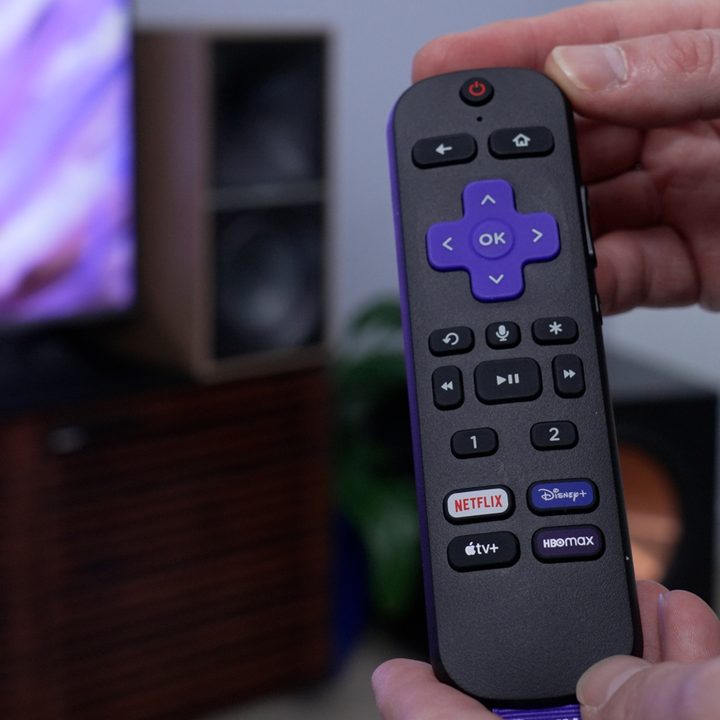 The remote control for a Roku Plus Series TV.