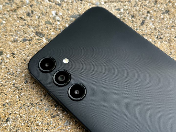 Samsung Galaxy A14 5G rear camera array and closeup of unique textured back