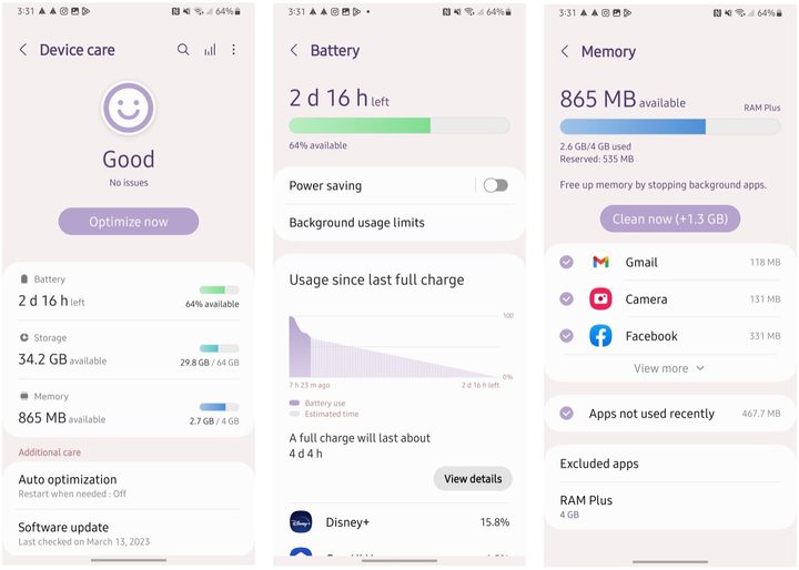 Samsung Galaxy A14 5G device care screenshots