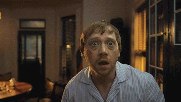 Julian, mouth agape in horror in a scene from Servant.