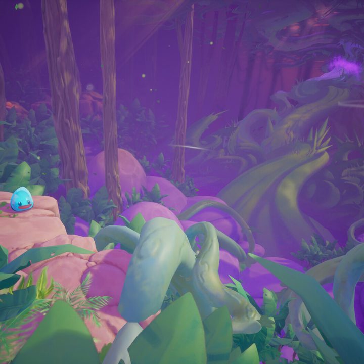 A slime sits in a forest in Slime Heroes.