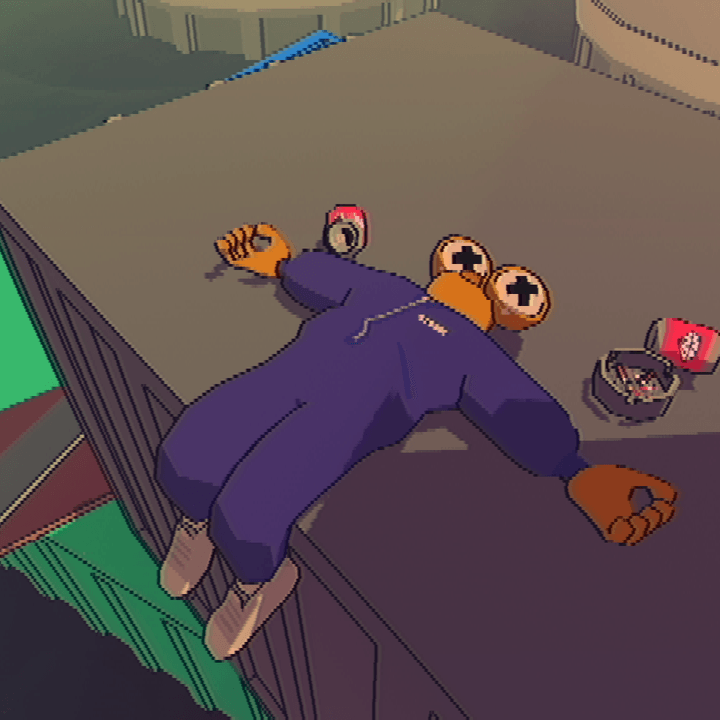 A character lays passed out on a shipping container in Sludge Life.
