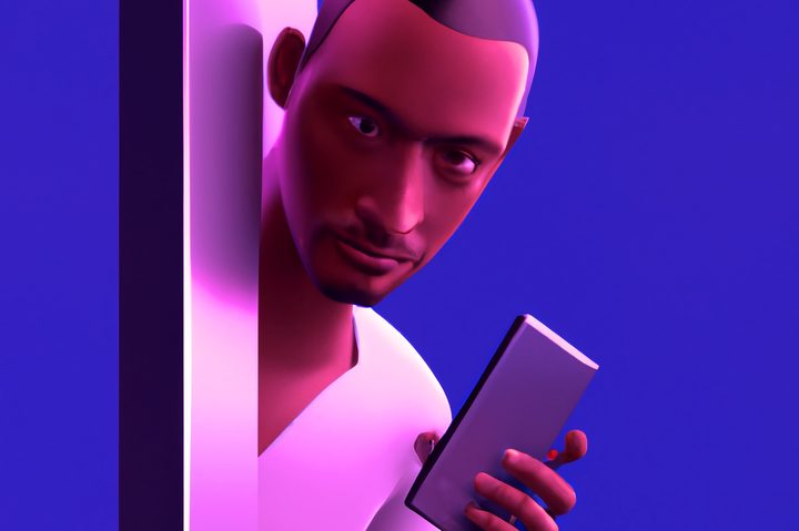 Illustration of a person peeking through a phone