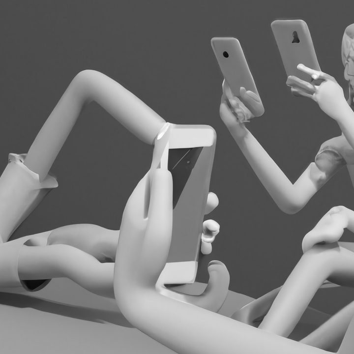 A black and white picture of cartoon characters looking at their phones.