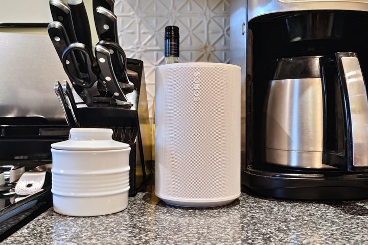 Sonos Era 100 in a kitchen.