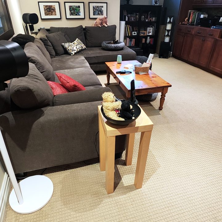 Sonos Era 300 seen full height on a floor stand.