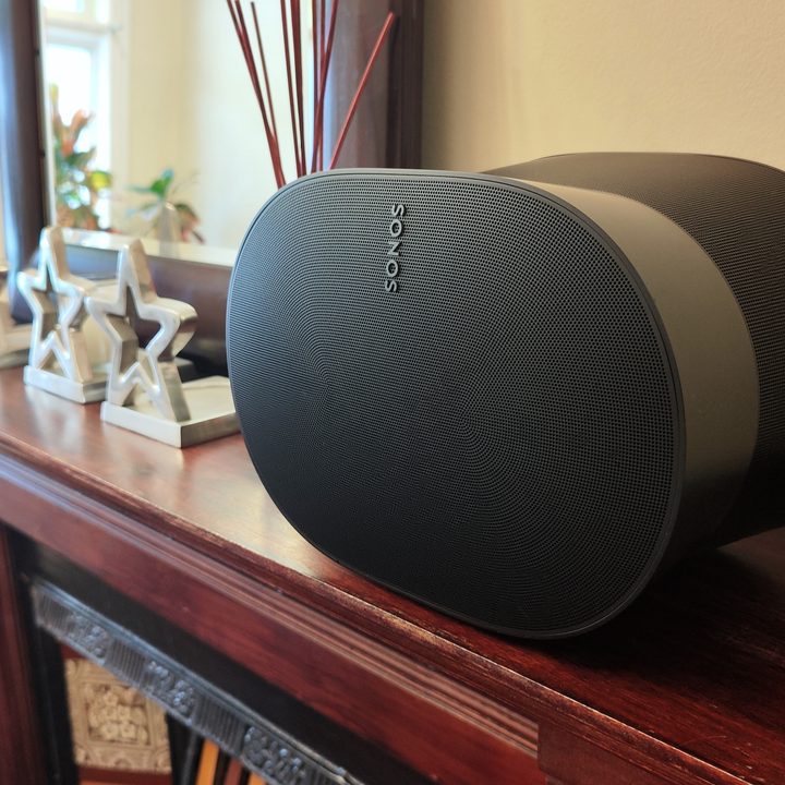 The Sonos Era 300 on a shelf.
