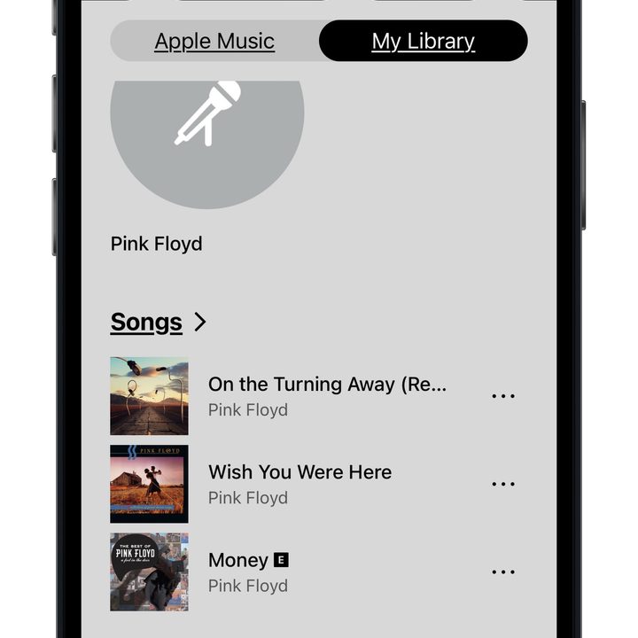 Sonos app on iOS showing the new search results within Apple Music's My Library.