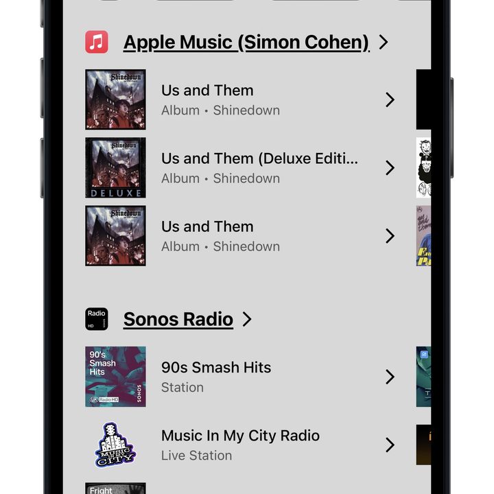 Sonos app on iOS showing the new search results.