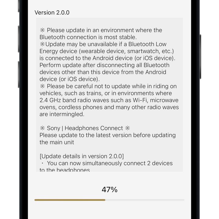 Sony Headphones app showing description of the multipoint update for the WF-1000XM4.