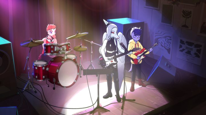 Fang, Trish, and Reed playing in Worm Drama band