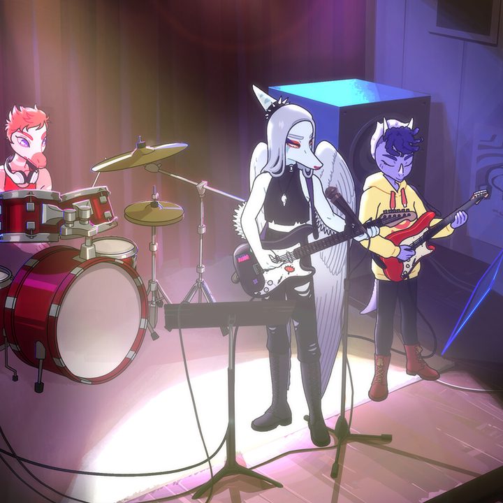 Fang, Trish, and Reed playing in Worm Drama band