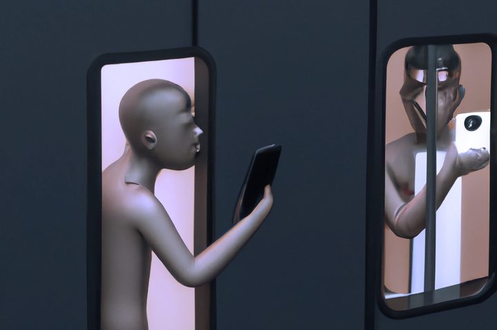 Illustration of a person sprying on other person using a phone