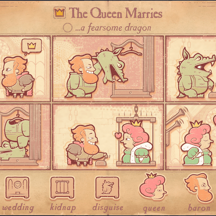 A Srtoryteller puzzle shows a Queen marrying a Baron.