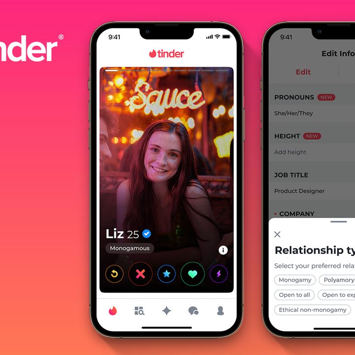 An image of two iPhones displaying the new badges coming to Tinder.