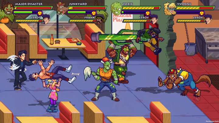Four mutants are fighting a mix of bad guys in a family mexican restaurant.