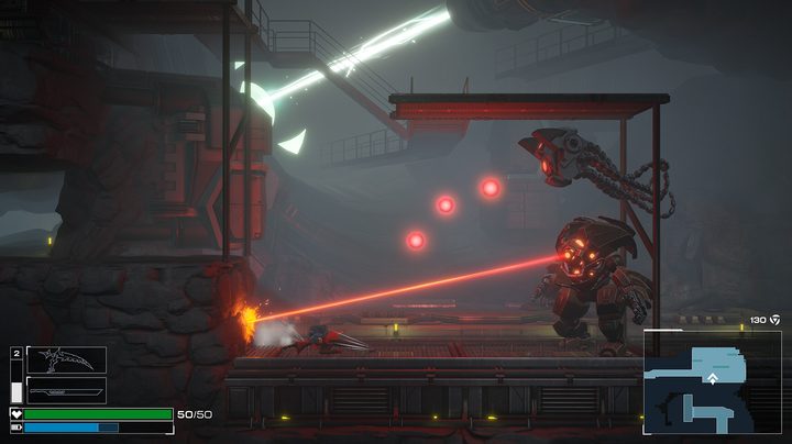 A blue haired warrior slides under the laser beam of a hulking robot in an underground industrial area.