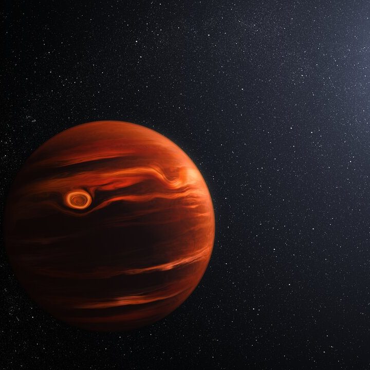 This illustration conceptualizes the swirling clouds identified by the James Webb Space Telescope in the atmosphere of the exoplanet VHS 1256 b.