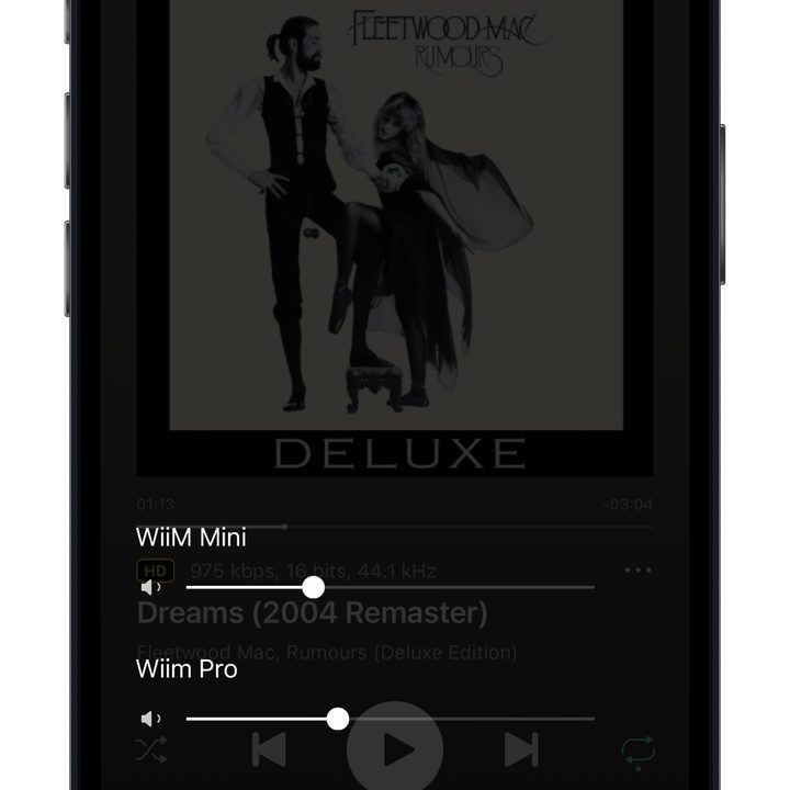 Wiim app on iOS showing grouped speaker volume levels.