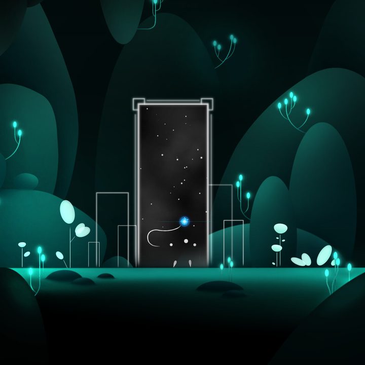A minimalistic figure stands in front of a door in Worldless.