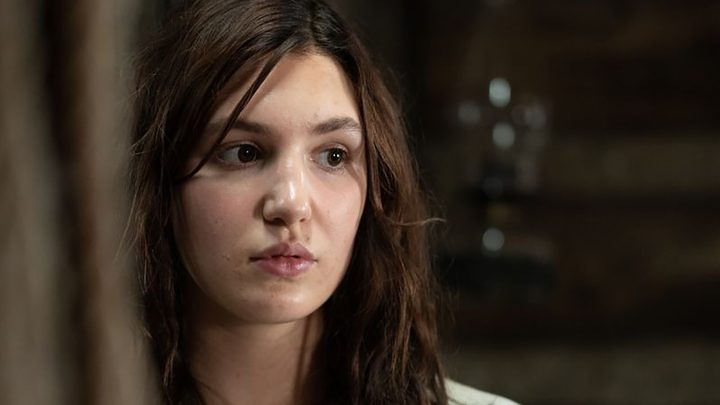 Teenage Shauna from Yellowjackets looking worried in a close-up shot.