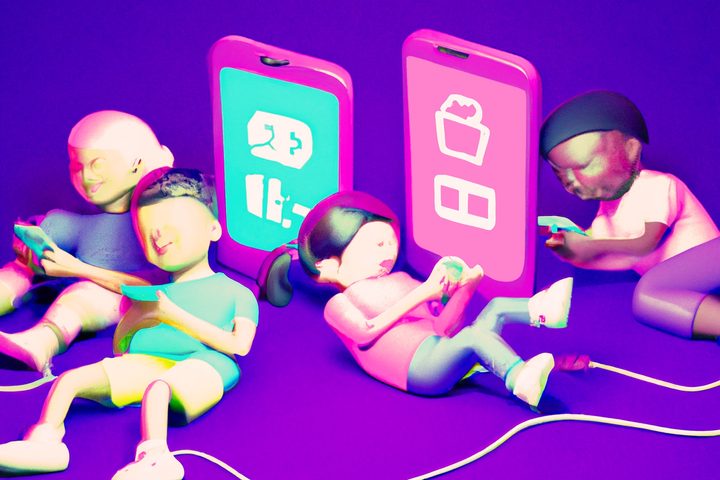 Artistic depiction of young users hooked to their phones.