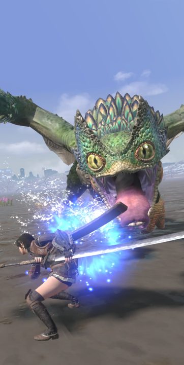 A Monster Hunter player fights a Pukei Pukei with a Longsword.