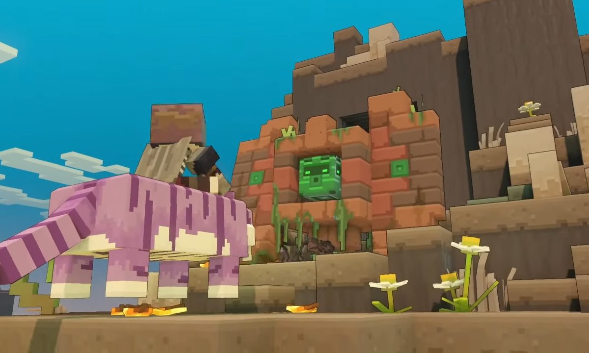 A minecraft player on a tiger looks at a golem.