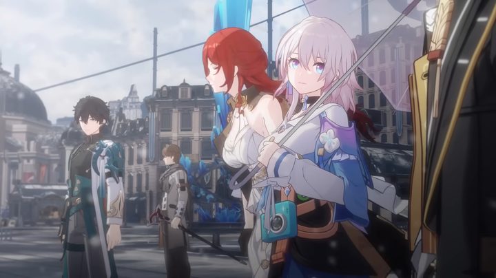 A team of characters in a city.