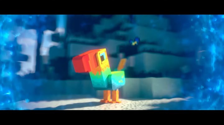 A rainbow bird in Minecraft Legends on a cliff.