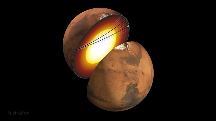 This artist’s concept shows a cutaway of Mars, along with the paths of seismic waves from two separate quakes in 2021. Detected by NASA’s InSight mission, these seismic waves were the first ever identified to enter another planet’s core.
