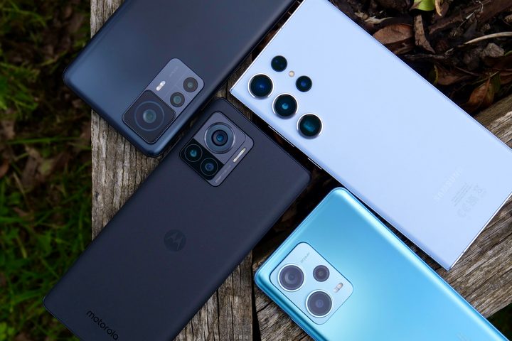 The Galaxy S23 Ultra, Xiaomi 12T Pro, Redmi Note 12 Pro+, and the Motorola Edge 30 Ultra's camera modules.